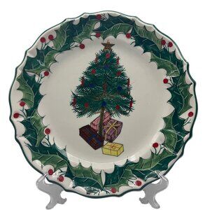 Hand Painted Christmas Tree Ceramic Plate Italy Holly Gift Design